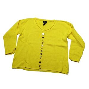 Pure Handknit Sweater Cardigan Womens M Yellow 100% Cotton Button Front Knit